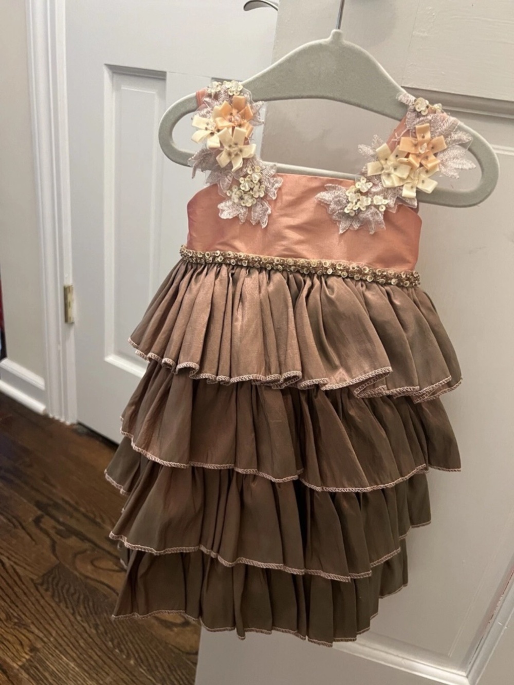Boutique Baby Silk Party Occasion Dress C’est Chouette Brown/Pink Flowers-12M